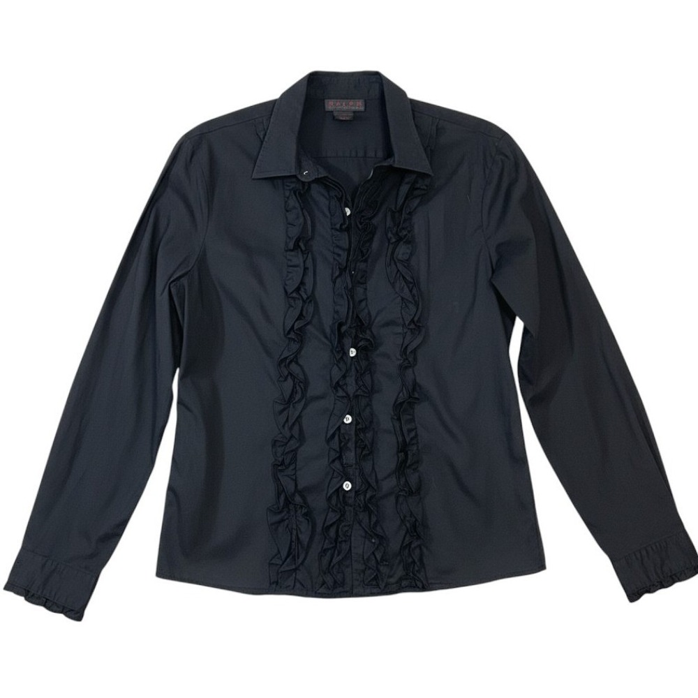 Ralph Lauren Ruffle Front Button Down Shirt Womens Large Black Cotton Goth Core